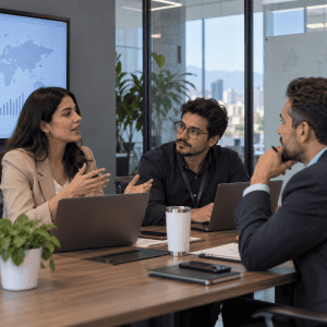 Equipo en una junta de trabajo en inglés, donde el nivel B2 de inglés se pone a prueba