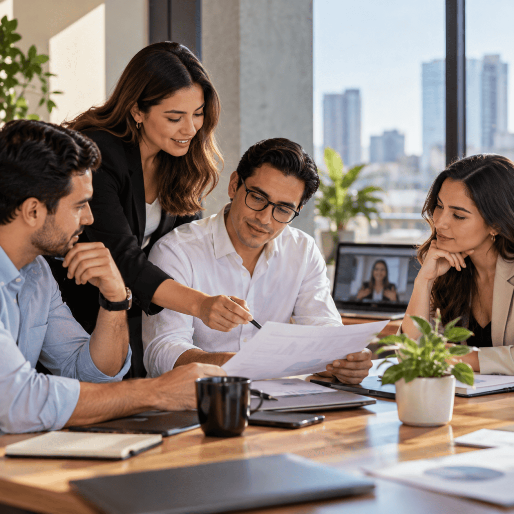 Equipo comercial revisando una propuesta para clientes internacionales durante una reunión de trabajo.